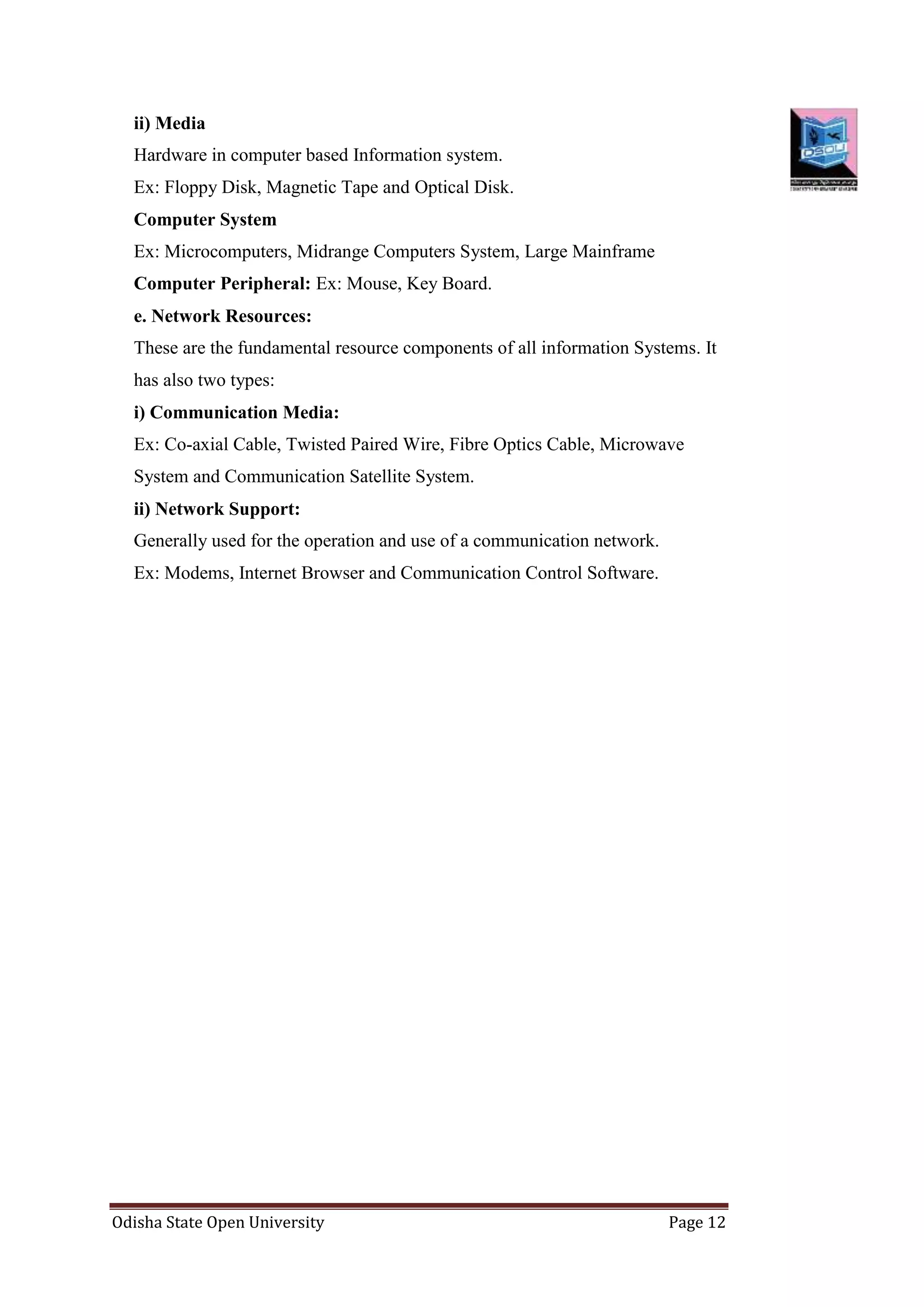 Odisha State Open University Page 12
ii) Media
Hardware in computer based Information system.
Ex: Floppy Disk, Magnetic Tape and Optical Disk.
Computer System
Ex: Microcomputers, Midrange Computers System, Large Mainframe
Computer Peripheral: Ex: Mouse, Key Board.
e. Network Resources:
These are the fundamental resource components of all information Systems. It
has also two types:
i) Communication Media:
Ex: Co-axial Cable, Twisted Paired Wire, Fibre Optics Cable, Microwave
System and Communication Satellite System.
ii) Network Support:
Generally used for the operation and use of a communication network.
Ex: Modems, Internet Browser and Communication Control Software.
 