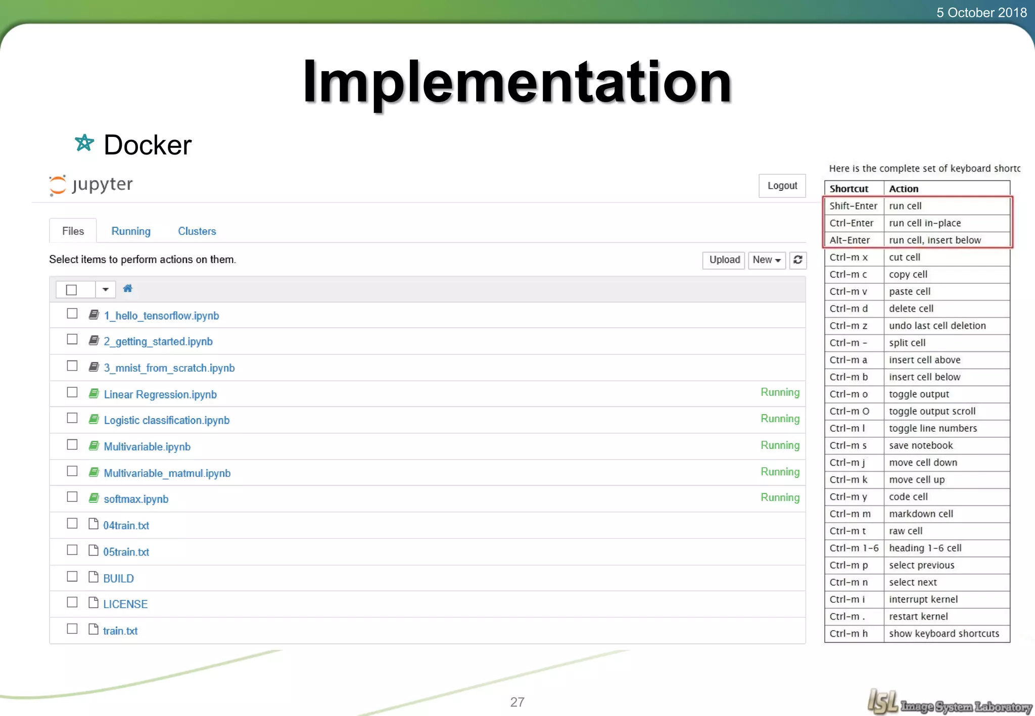 5 October 2018
27
Implementation
Docker
 