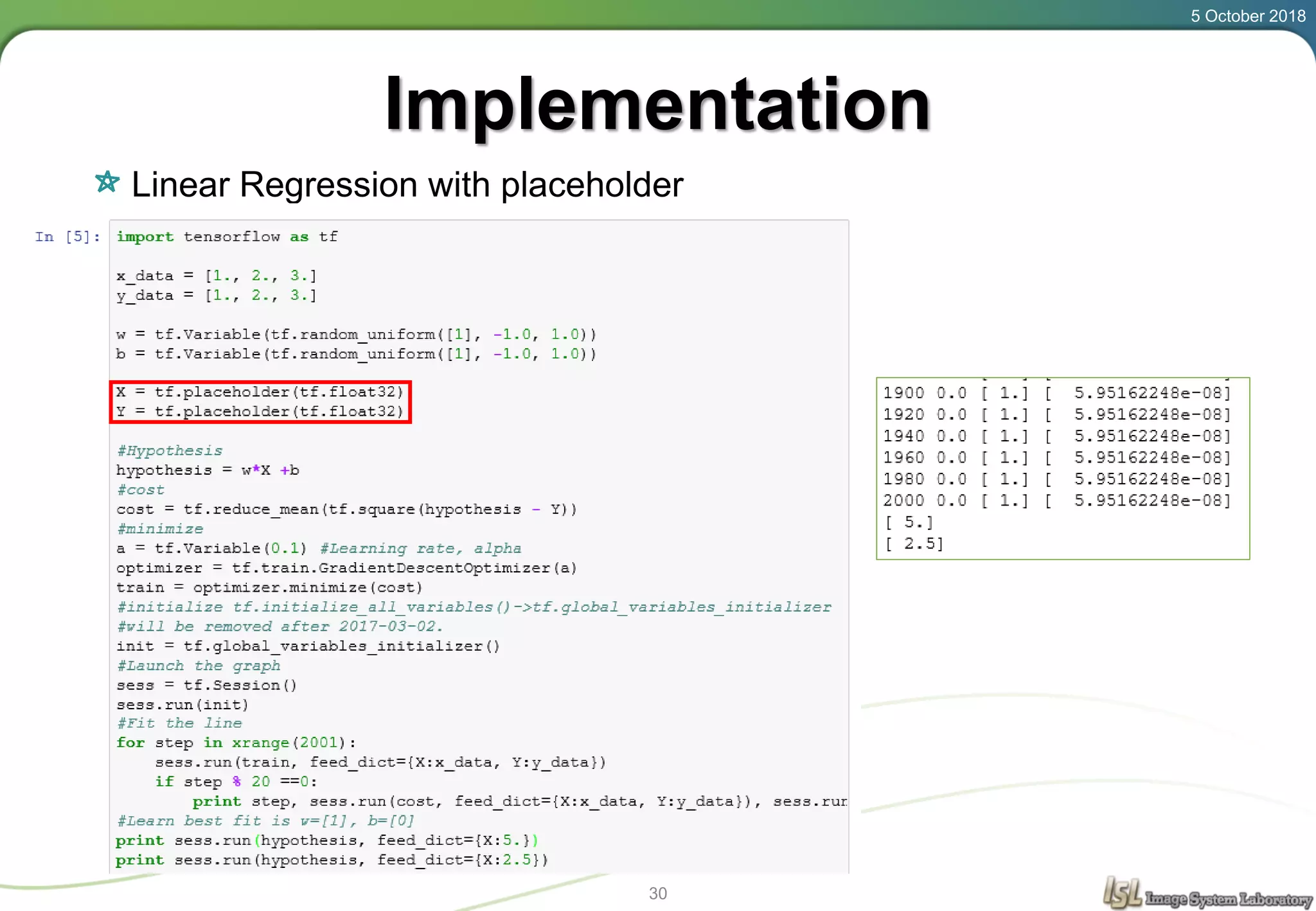 5 October 2018
30
Implementation
Linear Regression with placeholder
 