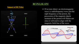 RF PULSE ON!
Impact of RF Pulse
 If we now direct an electromagnetic
wave i.e radiofrequency wave just the
right frequency at the proton, the
precession of the magnetic dipole
moment of the proton will flatten out
since it will tend to align with the
magnetic field line of the wave.
 