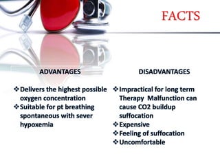 FACTS
ADVANTAGES
Delivers the highest possible
oxygen concentration
Suitable for pt breathing
spontaneous with sever
hypoxemia
DISADVANTAGES
Impractical for long term
Therapy Malfunction can
cause CO2 buildup
suffocation
Expensive
Feeling of suffocation
Uncomfortable
 