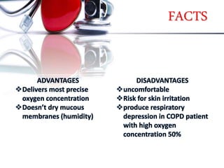 FACTS
ADVANTAGES
Delivers most precise
oxygen concentration
Doesn’t dry mucous
membranes (humidity)
DISADVANTAGES
uncomfortable
Risk for skin irritation
produce respiratory
depression in COPD patient
with high oxygen
concentration 50%
 