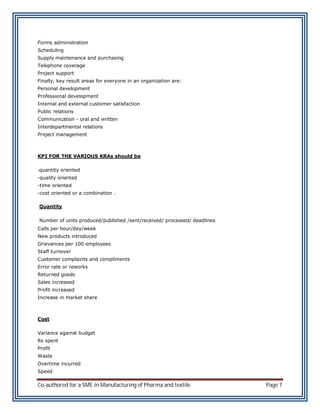 Forms administration
Scheduling
Supply maintenance and purchasing
Telephone coverage
Project support
Finally, key result areas for everyone in an organization are:
Personal development
Professional development
Internal and external customer satisfaction
Public relations
Communication - oral and written
Interdepartmental relations
Project management



KPI FOR THE VARIOUS KRAs should be

-quantity oriented
-quality oriented
-time oriented
-cost oriented or a combination .

Quantity

Number of units produced/published /sent/received/ processed/ deadlines
Calls per hour/day/week
New products introduced
Grievances per 100 employees
Staff turnover
Customer complaints and compliments
Error rate or reworks
Returned goods
Sales increased
Profit increased
Increase in market share



Cost

Variance against budget
Rs spent
Profit
Waste
Overtime incurred
Speed

Co-authored for a SME in Manufacturing of Pharma and textile              Page 7
 