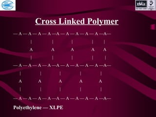 Cross Linked Polymer
— A — A — A — A —A — A — A — A — A —A—
| | | | |
A A A A A
| | | | |
— A — A — A — A —A — A — A — A — A —A—
| | | | |
A A A A A
| | | | |
— A — A — A — A —A — A — A — A — A —A—
Polyethylene — XLPE
 