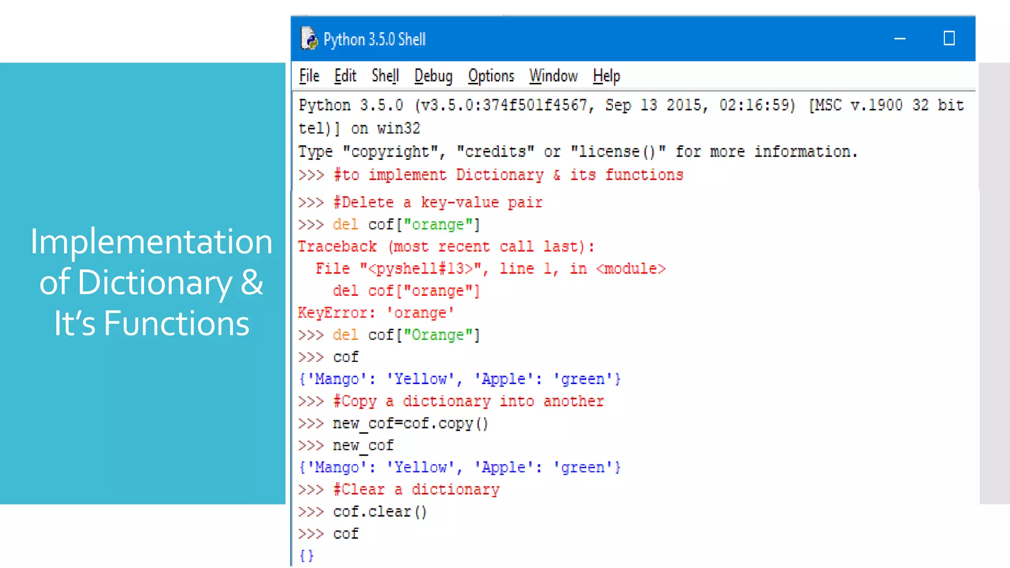 Implementation
of Dictionary &
It’s Functions
 