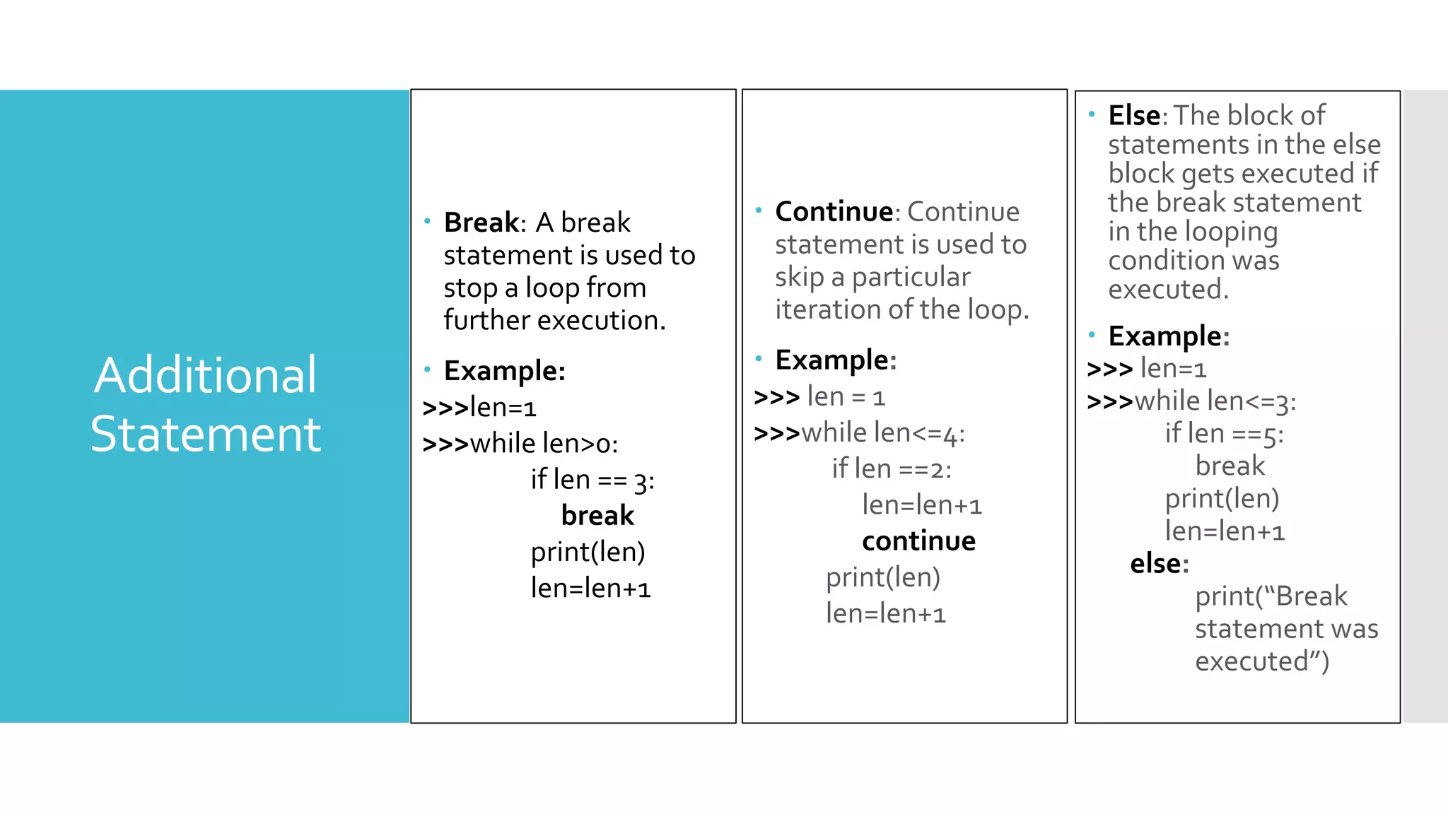 Additional
Statement
 Break: A break
statement is used to
stop a loop from
further execution.
 Example:
>>>len=1
>>>while len>0:
if len == 3:
break
print(len)
len=len+1
 Else:The block of
statements in the else
block gets executed if
the break statement
in the looping
condition was
executed.
 Example:
>>> len=1
>>>while len<=3:
if len ==5:
break
print(len)
len=len+1
else:
print(“Break
statement was
executed”)
 Continue: Continue
statement is used to
skip a particular
iteration of the loop.
 Example:
>>> len = 1
>>>while len<=4:
if len ==2:
len=len+1
continue
print(len)
len=len+1
 