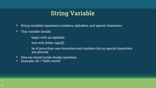 28
String Variable
▪ String variables represents numbers, alphabets, and special characters.
▪ This variable should:
• begin with an alphabet.
• end with dollar sign($).
• be of more than one characters and numbers but no special characters
are allowed
▪ Data are stored inside double quotation.
▪ Example: A$ = “Hello world”
 