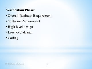 SIT COE Yadrav-Ichalkaranji 15
Verification Phase:
• Overall Business Requirement
• Software Requirement
• High level design
• Low level design
• Coding
 