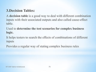 SIT COE Yadrav-Ichalkaranji 75
3.Decision Tables:
A decision table is a good way to deal with different combination
inputs with their associated outputs and also called cause-effect
table.
Used to determine the test scenarios for complex business
logic.
It helps testers to search the effects of combinations of different
inputs
Provides a regular way of stating complex business rules
 