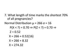7. What length of time marks the shortest 70%
of all pregnancies?
Normal Distribution µ = 266 σ = 16
P(X < ?) = 0.70 ⇒ P(Z < ?) = 0.70 ⇒
Z = 0.52
X = 266 + 0.52(16)
X = 266 + 8.32
X = 274.32
 