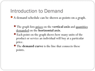 Introduction to Demand 
A demand schedule can be shown as points on a graph. 
The graph lists prices on the vertical axis and quantities 
demanded on the horizontal axis. 
Each point on the graph shows how many units of the 
product or service an individual will buy at a particular 
price. 
The demand curve is the line that connects these 
points. 
 