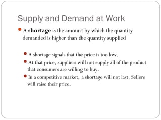 Supply and Demand at Work 
A shortage is the amount by which the quantity 
demanded is higher than the quantity supplied 
A shortage signals that the price is too low. 
At that price, suppliers will not supply all of the product 
that consumers are willing to buy. 
In a competitive market, a shortage will not last. Sellers 
will raise their price. 
 