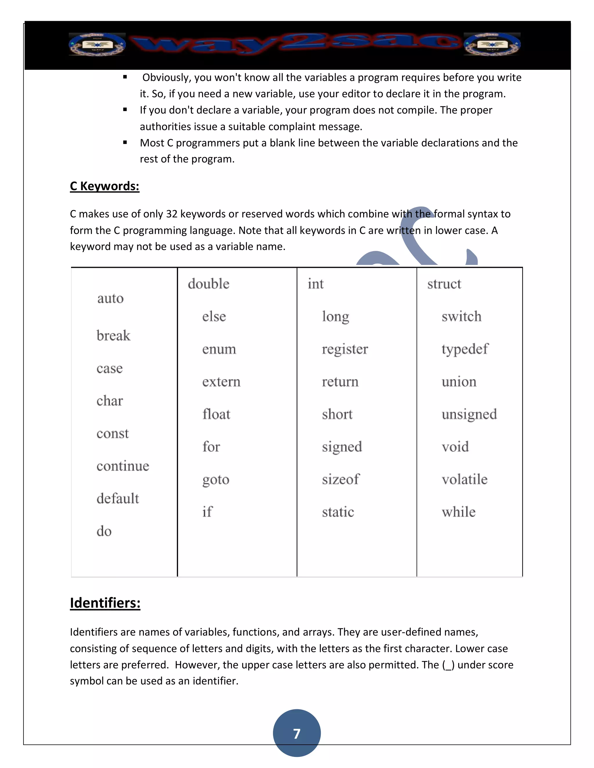     Obviously, you won't know all the variables a program requires before you write
               it. So, if you need a new variable, use your editor to declare it in the program.
              If you don't declare a variable, your program does not compile. The proper
               authorities issue a suitable complaint message.
              Most C programmers put a blank line between the variable declarations and the
               rest of the program.

C Keywords:

C makes use of only 32 keywords or reserved words which combine with the formal syntax to
form the C programming language. Note that all keywords in C are written in lower case. A
keyword may not be used as a variable name.




Identifiers:
Identifiers are names of variables, functions, and arrays. They are user-defined names,
consisting of sequence of letters and digits, with the letters as the first character. Lower case
letters are preferred. However, the upper case letters are also permitted. The (_) under score
symbol can be used as an identifier.



                                                7
 