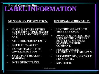 Pratul Chandra Jha

LABEL INFORMATION
OPTIONAL INFORMATION.

MANDATORY INFORMATION.
•

•
•
•
•
•

NAME & ESTATE OF THE
BOTTLER/SHIPPER/MANUF
ACTURER/VINTNER/COMP
ANY.
ALCOHOL PERCENTAGE.
BOTTLE CAPACITY.
EXCISE SEAL OF THE
GOVERNING BODY
STATUTORY HEALTH
WARNING.
DATE OF BOTTLING.

•
•

•
•
•

SUNIL KUMAR

HISTORY RELATED TO
THE BEVERAGE.
AWARDS & DISTINCTION
WON BY THE VINTNER /
BOTTLER / SHIPPER /
MANUFACTURER /
COMPANY.
RECOMMENDED
CONSUMABLE TIME SPAN.
ECO-FRIENDLY, RECYCLE
LOGOS, ETC.
MISC INFO.

 