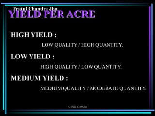 Pratul Chandra Jha

YIELD PER ACRE
HIGH YIELD :
LOW QUALITY / HIGH QUANTITY.

LOW YIELD :
HIGH QUALITY / LOW QUANTITY.

MEDIUM YIELD :
MEDIUM QUALITY / MODERATE QUANTITY.

SUNIL KUMAR

 