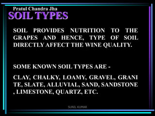 Pratul Chandra Jha

SOIL TYPES
SOIL PROVIDES NUTRITION TO THE
GRAPES AND HENCE, TYPE OF SOIL
DIRECTLY AFFECT THE WINE QUALITY.

SOME KNOWN SOIL TYPES ARE CLAY, CHALKY, LOAMY, GRAVEL, GRANI
TE, SLATE, ALLUVIAL, SAND, SANDSTONE
, LIMESTONE, QUARTZ, ETC.
SUNIL KUMAR

 