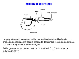 MICROMETRO

Un pequeño movimiento del usillo, por medio de un tornillo de alta
precisión se indica en la escala graduada del cilindro fijo en complemento
con la escala graduada en el manguito.
Están graduados en centésimas de milímetro (0,01) ó milésimas de
pulgada (0,001”)

 