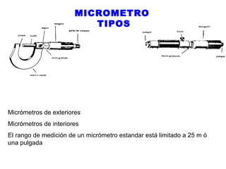 MICROMETRO
TIPOS

Micrómetros de exteriores
Micrómetros de interiores
El rango de medición de un micrómetro estandar está limitado a 25 m ó
una pulgada

 