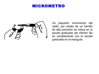 MICROMETRO

Un pequeño movimiento del
usillo, por medio de un tornillo
de alta precisión se indica en la
escala graduada del cilindro fijo
en complemento con la escala
graduada en el manguito.

 