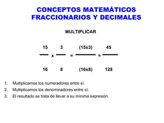 CONCEPTOS MATEMÁTICOS
FRACCIONARIOS Y DECIMALES
MULTIPLICAR
15

3
x

16

(15x3)
=

8

45
=

(16x8)

128

1.

Multiplicamos los numeradores entre sí.

2.

Multiplicamos los denominadores entre sí.

3.

El resultado se trata de llevar a su mínima expresión.

 