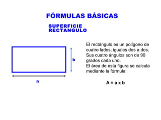 FÓRMULAS BÁSICAS
SUPERFICIE
RECTANGULO

b

a

El rectángulo es un polígono de
cuatro lados, iguales dos a dos.
Sus cuatro ángulos son de 90
grados cada uno.
El área de esta figura se calcula
mediante la fórmula:
A=axb

 