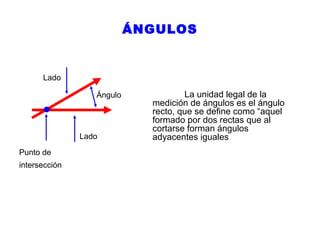 ÁNGULOS

Lado
Ángulo

Lado
Punto de
intersección

La unidad legal de la
medición de ángulos es el ángulo
recto, que se define como “aquel
formado por dos rectas que al
cortarse forman ángulos
adyacentes iguales

 