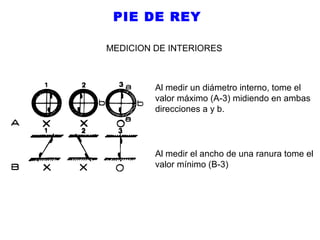 PIE DE REY
MEDICION DE INTERIORES

Al medir un diámetro interno, tome el
valor máximo (A-3) midiendo en ambas
direcciones a y b.

Al medir el ancho de una ranura tome el
valor mínimo (B-3)

 