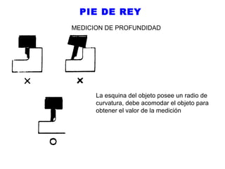 PIE DE REY
MEDICION DE PROFUNDIDAD

La esquina del objeto posee un radio de
curvatura, debe acomodar el objeto para
obtener el valor de la medición

 