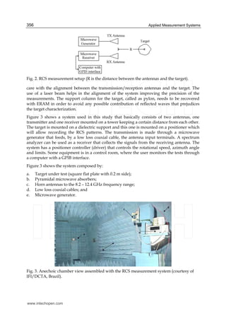 Applied Measurement Systems356
Fig. 2. RCS measurement setup (R is the distance between the antennas and the target).
care with the alignment between the transmission/reception antennas and the target. The
use of a laser beam helps in the alignment of the system improving the precision of the
measurements. The support column for the target, called as pylon, needs to be recovered
with ERAM in order to avoid any possible contribution of reflected waves that prejudices
the target characterization.
Figure 3 shows a system used in this study that basically consists of two antennas, one
transmitter and one receiver mounted on a tower keeping a certain distance from each other.
The target is mounted on a dielectric support and this one is mounted on a positioner which
will allow recording the RCS patterns. The transmission is made through a microwave
generator that feeds, by a low loss coaxial cable, the antenna input terminals. A spectrum
analyzer can be used as a receiver that collects the signals from the receiving antenna. The
system has a positioner controller (driver) that controls the rotational speed, azimuth angle
and limits. Some equipment is in a control room, where the user monitors the tests through
a computer with a GPIB interface.
Figure 3 shows the system composed by:
a. Target under test (square flat plate with 0.2 m side);
b. Pyramidal microwave absorbers;
c. Horn antennas to the 8.2 – 12.4 GHz frequency range;
d. Low loss coaxial cables; and
e. Microwave generator.
Fig. 3. Anechoic chamber view assembled with the RCS measurement system (courtesy of
IFI/DCTA, Brazil).
www.intechopen.com
 