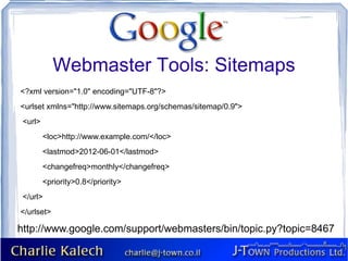 Webmaster Tools: Sitemaps
<?xml version="1.0" encoding="UTF-8"?>
<urlset xmlns="http://www.sitemaps.org/schemas/sitemap/0.9">
 <url>
         <loc>http://www.example.com/</loc>
         <lastmod>2012-06-01</lastmod>
         <changefreq>monthly</changefreq>
         <priority>0.8</priority>
 </url>
</urlset>

http://www.google.com/support/webmasters/bin/topic.py?topic=8467
 