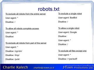 robots.txt
To exclude all robots from the entire server    To exclude a single robot

User-agent: *                                   User-agent: BadBot

Disallow: /                                     Disallow: /


To allow all robots complete access             To allow a single robot

User-agent: *                                   User-agent: Google

Disallow:                                       Disallow:
                                                User-agent: *
To exclude all robots from part of the server
                                                Disallow: /
User-agent: *
Disallow: /cgi-bin/                             To exclude all files except one

Disallow: /tmp/                                 User-agent: *

Disallow: /junk/                                Disallow: /~joe/stuff/
 