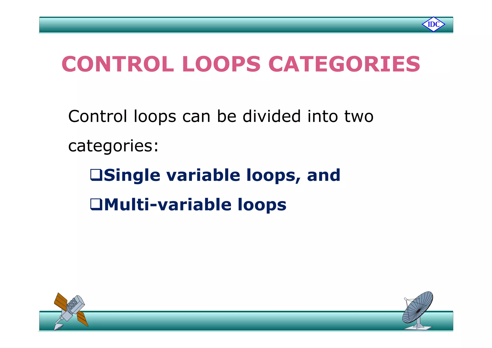 CONTROL LOOPS CATEGORIES
Control loops can be divided into two
categories:
Single variable loops andSingle variable loops, and
Multi-variable loopsp
 
