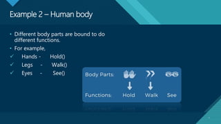 Click to edit Master title style
7
Example 2 – Human body
7
• Different body parts are bound to do
different functions.
• For example,
 Hands - Hold()
 Legs - Walk()
 Eyes - See()
 