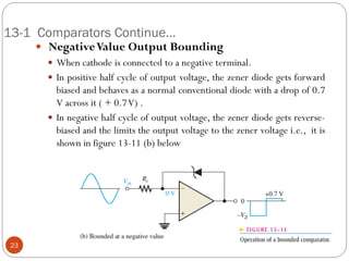 13-1 Comparators Continue… 
 Negative Value Output Bounding 
When cathode is connected to a negative terminal. 
In positive half cycle of output voltage, the zener diode gets forward biased and behaves as a normal conventional diode with a drop of 0.7 V across it ( + 0.7 V) . 
In negative half cycle of output voltage, the zener diode gets reverse- biased and the limits the output voltage to the zener voltage i.e., it is shown in figure 13-11 (b) below 
23  