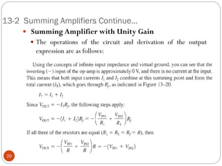 13-2 Summing Amplifiers Continue… 
 Summing Amplifier with Unity Gain 
The operations of the circuit and derivation of the output expression are as follows: 29  
