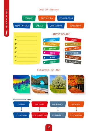 U
N
I
D
A
D
E
1
18
DIAS DA SEMANA
DOMINGO
QUARTA-FEIRA
SEGUNDA-FEIRA
QUINTA-FEIRA
SEXTA-FEIRA
TERÇA-FEIRA
SÁBADO
1°
2°
3°
4°
5°
6°
7°
MESES DO ANO
JANEIRO JULHO
FEVEREIRO AGOSTO
MARÇO SETEMBRO
ABRIL OUTUBRO
MAIO NOVEMBRO
JUNHO DEZEMBRO
ESTAÇÕES DO ANO
TEMPO
QUE FRIO!
ESTÁ NEVANDO!
QUE CALOR!
ESTÁ FAZENDO SOL!
QUE MORMAÇO!
ESTÁ ABAFADO!
QUE VENTO!
ESTÁ CHOVENDO!
 