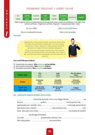 U
N
I
D
A
D
E
1
20
PRONOMES PESSOAIS + VERBO ESTAR
EU ESTOU ELE/ELA ESTÁ NÓS ESTAMOS
ELES/ELAS ESTÃO
VOCÊ ESTÁ A GENTE ESTÁ VOCÊS ESTÃO
Eu estou feliz.
Ele está no Brasil há 4 anos.
Nós estamos com fome.
Eles estão na escola.
Exemplo:
João está no Brasil há 8 meses e está em Brasília há
3 meses. Ele está feliz porque tem muitos amigos
brasileiros. Todos admiram João porque ele está
sempre na moda. Ele está sempre elegante.
Ele é uma pessoa calma e divertida, mas hoje ele
está nervoso porque tem uma reunião com o dono
de uma loja que está interessado em lhe oferecer um
serviço.
Usa-se ESTAR para indicar:
Â
Â Localização no espaço: Nós estamos na faculdade.
Â
Â Sentimento transitório: Nós estamos felizes.
Â
Â Sensação transitória: Nós estamos com fome.
Estar com
frio
calor
fome
sede
raiva
medo
Dor de cabeça
Enjoo
O braço quebrado
Estar
Contente
Feliz
Alegre
Cansado
Chateado
Entediado
Animado
Preocupado
Nervoso
Estar em
(na – no)
Sala de aula
Apartamento
Boate
Rio de Janeiro
Brasil
São Paulo
Colégio
Salão de beleza
06. COMPLETE COM OS VERBOS SER e ESTAR:
três horas da tarde. Ana e sua colega Claudia na
piscina: verão e muito quente. Elas
apaixonadas por natação. Ana muito ágil, apesar de ter
apenas dez anos. Claudia mais medrosa. Elas com
fome. Seus pais e os irmãos no estádio de futebol.
dia de jogo de futebol.
Sua mãe preparando o almoço. Ana
feliz hoje porque seu aniversário.
*OBS: A gente não é considerado pronome pessoal, mas é usado no cotidiano. Exemplo: Nós
somos surfistas. / A gente é surfista. (A gente = A pessoa que fala = nós).
 