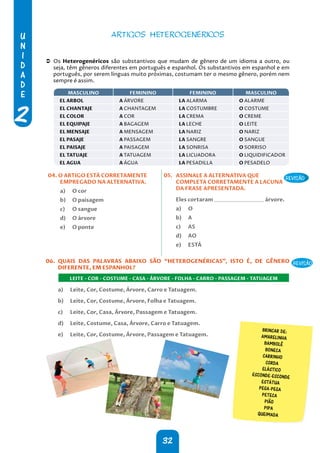 U
N
I
D
A
D
E
2
32
ARTIGOS HETEROGENÉRICOS
 Os Heterogenéricos são substantivos que mudam de gênero de um idioma a outro, ou
seja, têm gêneros diferentes em português e espanhol. Os substantivos em espanhol e em
português, por serem línguas muito próximas, costumam ter o mesmo gênero, porém nem
sempre é assim.
MASCULINO FEMININO FEMININO MASCULINO
EL ARBOL A ÁRVORE LA ALARMA O ALARME
EL CHANTAJE A CHANTAGEM LA COSTUMBRE O COSTUME
EL COLOR A COR LA CREMA O CREME
EL EQUIPAJE A BAGAGEM LA LECHE O LEITE
EL MENSAJE A MENSAGEM LA NARIZ O NARIZ
EL PASAJE A PASSAGEM LA SANGRE O SANGUE
EL PAISAJE A PAISAGEM LA SONRISA O SORRISO
EL TATUAJE A TATUAGEM LA LICUADORA O LIQUIDIFICADOR
EL AGUA A ÁGUA LA PESADILLA O PESADELO
04. O ARTIGO ESTÁ CORRETAMENTE
EMPREGADO NA ALTERNATIVA.
a) O cor
b) O paisagem
c) O sangue
d) O árvore
e) O ponte
05. ASSINALE A ALTERNATIVA QUE
COMPLETA CORRETAMENTE A LACUNA
DA FRASE APRESENTADA.
Eles cortaram árvore.
a) O
b) A
c) AS
d) AO
e) ESTÁ
06. QUAIS DAS PALAVRAS ABAIXO SÃO “HETEROGENÉRICAS”, ISTO É, DE GÊNERO
DIFERENTE, EM ESPANHOL?
LEITE - COR - COSTUME - CASA - ÁRVORE - FOLHA - CARRO - PASSAGEM - TATUAGEM
a) Leite, Cor, Costume, Árvore, Carro e Tatuagem.
b) Leite, Cor, Costume, Árvore, Folha e Tatuagem.
c) Leite, Cor, Casa, Árvore, Passagem e Tatuagem.
d) Leite, Costume, Casa, Árvore, Carro e Tatuagem.
e) Leite, Cor, Costume, Árvore, Passagem e Tatuagem.
BRINCAR DE:
AMARELINHA
BAMBOLÊ
BONECA
CARRINHO
CORDA
ELÁSTICO
ESCONDE-ESCONDE
ESTÁTUA
PEGA-PEGA
PETECA
PIÃO
PIPA
QUEIMADA
REVISÃO REVISÃO
REVISÃO
 