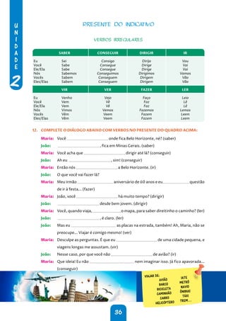 U
N
I
D
A
D
E
2
36
PRESENTE DO INDICATIVO
VERBOS IRREGULARES
SABER CONSEGUIR DIRIGIR IR
Eu
Você
Ele/Ela
Nós
Vocês
Eles/Elas
Sei
Sabe
Sabe
Sabemos
Sabem
Sabem
Consigo
Consegue
Consegue
Conseguimos
Conseguem
Conseguem
Dirijo
Dirige
Dirige
Dirigimos
Dirigem
Dirigem
Vou
Vai
Vai
Vamos
Vão
Vão
VIR VER FAZER LER
Eu
Você
Ele/Ela
Nós
Vocês
Eles/Elas
Venho
Vem
Vem
Vimos
Vêm
Vêm
Vejo
Vê
Vê
Vemos
Veem
Veem
Faço
Faz
Faz
Fazemos
Fazem
Fazem
Leio
Lê
Lê
Lemos
Leem
Leem
12. COMPLETE O DIÁLOGO ABAIXO COM VERBOS NO PRESENTE DO QUADRO ACIMA:
Maria: Você onde fica Belo Horizonte, né? (saber)
João: , fica em Minas Gerais. (saber)
Maria: Você acha que dirigir até lá? (conseguir)
João: Ah eu , sim! (conseguir)
Maria: Então nós a Belo Horizonte. (ir)
João: O que você vai fazer lá?
Maria: Meu irmão aniversário de 60 anos e eu questão
de ir à festa... (fazer)
Maria: João, você há muito tempo? (dirigir)
João: desde bem jovem. (dirigir)
Maria: Você, quando viaja, o mapa, para saber direitinho o caminho? (ler)
João: , é claro. (ler)
João: Mas eu as placas na estrada, também! Ah, Maria, não se
preocupe... Viajar é comigo mesmo! (ver)
Maria: Desculpe as perguntas. É que eu de uma cidade pequena, e
viagens longas me assustam. (vir)
João: Nesse caso, por que você não de avião? (ir)
Maria: Que ideia! Eu não nem imaginar isso. Já fico apavorada...
(conseguir)
VIAJAR DE:
AVIÃO
BARCO
BICICLETA
CAMINHÃO
CARRO
HELICÓPTERO
IATE
METRÔ
NAVIO
ÔNIBUS
TÁXI
TREM…
 