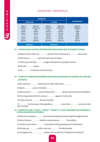 U
N
I
D
A
D
E
3
48
PRONOMES INDEFINIDOS
VARIÁVEIS
INVARIÁVEIS
SINGULAR PLURAL
Algum
Nenhum
Todo
Muito
Pouco
*****
Tanto
Outro
Quanto
Alguma
Nenhuma
Toda
Muita
Pouca
*****
Tanta
Outra
Quanta
Alguns
Nenhuns
Todos
Muitos
Poucos
Vários
Tantos
Outros
Quantos
Algumas
Nenhumas
Todas
Muitas
Poucas
Várias
Tantas
Outras
Quantas
Alguém
Ninguém
Tudo
Nada
Algo
Cada
Quem
Mais
Menos
Qualquer Quaisquer
12-. ESCREVA NAS LACUNAS UM PRONOME INDEFINIDO QUE SE ADÉQUE À FRASE:
a) Batem à porta. Deve ser que tem frio ou que procura para comer.
b) Não faças a o que não queres que te façam.
c) Calma, pois até hoje chegou atrasado ao seu próprio enterro.
d) Na vida passa.
e) Em momento visito meus avós.
13- COMPLETE COM UM PRONOME INDEFINIDO ADEQUADO DE ACORDO AO SENTIDO
DA FRASE:
a) Pai, você tem dinheiro aí? Xi, filho. Não tenho
b) Quero açúcar. Você pôs
c) Não encontrei , a casa estava vazia e deixou a torneira do quintal aberta.
d) Foi uma grande enchente; nunca vi água em minha vida.
e) O pão nosso de dia, dai-nos hoje.
f) me disse que a festa agradou a e que havia pessoas muito
bem vestidas.
14 - COMPLETE COM “TUDO”, “TODO”, “TODO O” E SUAS VARIAÇÕES NO FEMININO E
PLURAL QUANDO NECESSÁRIO:
a) Elas nunca compram que necessitam porque sempre esquecem alguma coisa.
b) Nós já fizemos relatório e preenchemos formulários.
c) Carolina, você comeu torta que eu tinha guardado para a sobremesa?
d) Ele fala com mulher, mas nem lhe dão atenção.
e) Você gostou de músicas do novo CD dos “Paralamas do Sucesso”?
 