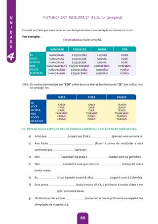 U
N
I
D
A
D
E
4
60
a) Acho que (viajar) aos EUA e (passar) uma semana lá.
b) Ana Paula (fazer) a prova do vestibular e está
confiante que (aprovar).
c) Eles (acampar) na praia e (nadar) com os golfinhos.
d) Nós (vender) a casa que temos e (comprar) outra
muito maior.
e) Eu (ir) ao Equador amanhã. Mas (seguir) rumo à Colômbia.
f) Esta prova (estar) muito difícil, o professor é muito chato e me
(pôr) uma nota baixa.
g) Os diretores das escolas (conversar) com os professores a respeito das
olimpíadas de matemática.
06- PREENCHA OS ESPAÇOS VAGOS COM OS VERBOS QUE ESTÃO ENTRE PARÊNTESES:
 