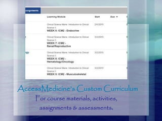 AccessMedicine’s Custom Curriculum
For course materials, activities,
assignments & assessments.
 
