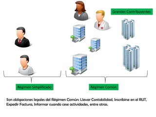 Grandes Contribuyentes




      Régimen Simplificado                          Régimen Común


Son obligaciones legales del Régimen Común: Llevar Contabilidad, Inscribirse en el RUT,
Expedir Factura, Informar cuando cese actividades, entre otras.
 