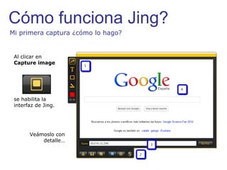 Mi primera captura ¿cómo lo hago? Al clicar en  Capture image se habilita la interfaz de Jing. Veámoslo con detalle… 