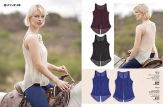 53 54
BL38
Blusón
Abertura y estoperoles
en espalda
10 Negro, 13 Uva,
15 Arena, 55 Azul Imperial
Ch, Me, Gr, Xg
Poliéster
$229
PC9816081
RT24
Malla
Tela semigruesa,
con elástico en cintura
10 Negro, 09 Marino,
08 Azul Rey, 06 Café
Ch, Me, Gr, Xg
Algodón Spandex
$199
PC6413911
 