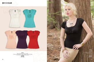 69
QT05
Falda
Entubada
08 Azul Rey, 10 Negro,
24 Verde Menta, 15 Arena,
44 Rojo Granada
Ut, Gr
Nylon, Spandex
$199
PC9013944
70
AK11
Blusa con plisado al frente y en mangas
14 Salmón, 24 Verde Menta, 12 Rojo, 10 Negro, 96 Ivory, 29 Grosella
Ch, Me, Gr, Xg / Poliéster, Rayón, Spandex
$149
PC0110446
 