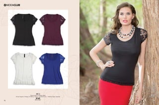 73 74
QT05
Falda
Entubada
08 Azul Rey, 10 Negro,
24 Verde Menta,
15 Arena,
44 Rojo Granada
Ut, Gr
Nylon, Spandex
$199
PC9013944
AW55
Blusa encaje en mangas y bajos
55 Azul Imperial, 10 Negro, 01 Blanco, 13 Uva / Ch, Me, Gr, Xg / Poliéster, Rayón, Spandex
$169
PC1111811
 