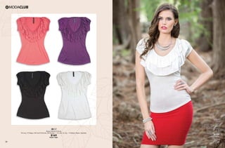 81 82
QT05
Falda
Entubada
08 Azul Rey, 10 Negro,
24 Verde Menta, 15 Arena,
44 Rojo Granada
Ut, Gr
Nylon, Spandex
$199
PC9013944
AW57
Blusa holanes al frente
96 Ivory, 10 Negro, 48 Coral Profundo, 58 Morado / Ch, Me, Gr, Xg / Poliéster, Rayón, Spandex
$169
PC8111881
 