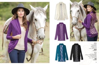 9 10
ZF25
Ensamble
Encaje en espalda,
bolsas plisadas
10 Negro, 96 Ivory,
40 Petróleo, 13 Uva
Ch, Me, Gr, Xg
Poliéster, Rayón, Spandex
$249
PC2017467
CC31
Playera
Con tirantes ajustables
10 Negro, 01 Blanco, 24 Verde Menta,
37 Khaki, 08 Azul Rey,
44 Rojo Granada, 29 Grosella
Ch, Me, Gr, Xg
Poliéster, Rayón, Spandex
$99
PC4606990
LT73
Pantalón mezclilla,
pretina ancha
con moños
09 Marino
3, 5, 7, 9, 11, 13
Mezclilla strech
$469
PC7832863
(Catálogo Línea)
 