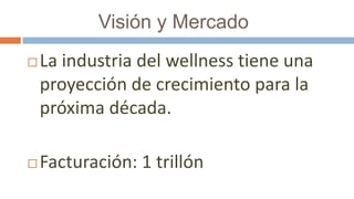              Visión y Mercado   La industria del wellness tiene una proyección de crecimiento para la próxima década.Facturación: 1 trillón